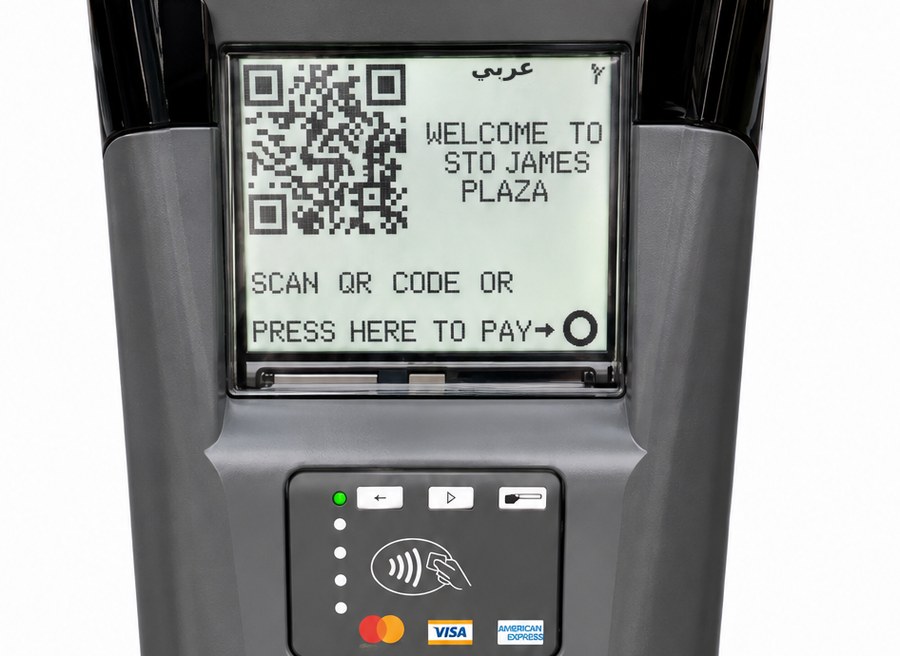 Close-up of a SpaceMaster pay station display and card reader